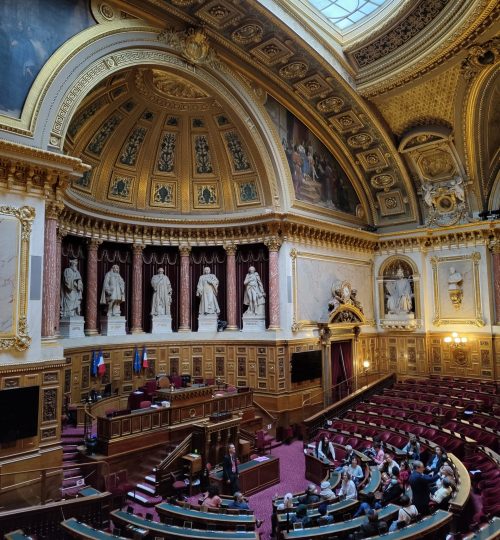 Das Palais du Luxembourg ist vor allem Sitz des französischen Sénats - hier zu sehen ist der Sitzungssaal.