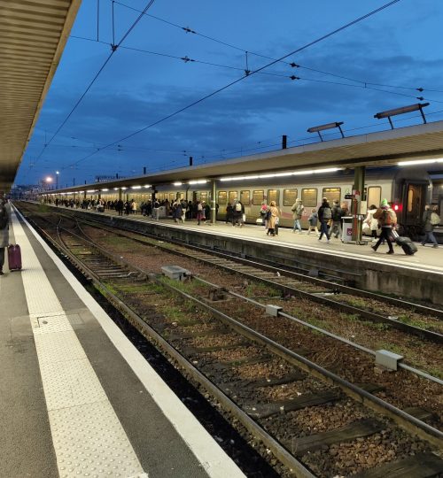 Ein Bild vom Gare de Bercy in Paris. Eine Sache, die mir beim Zugfahren in Frankreich aufgefallen ist: Das Abfahrtgleis des Zugs wird immer erst in etwa 20 min vor dessen Abfahrt bekannt gegeben, sodass sehr viele Menschen in der Bahnhofsvorhalle warten und dann schlagartig zu einem Gleis rennen.