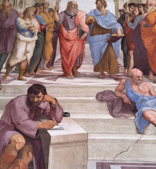 Ein weiteres weltbekanntes Werk ist die "Schule von Athen" - ebenfalls von Raffael. Dargestellt sind Größen der griechischen Philosophie, verkörpert durch damalige Künstlerkollegen von Raffael. So sieht man oben mittig zum Beispiel Platon (dargestellt durch Leonardo da Vinci). Und unten - ganz allein - sitzt Michelangelo. Eine recht eindeutige Nachricht von Raffael, dass er eher Sympathien für Leonardo hatte.