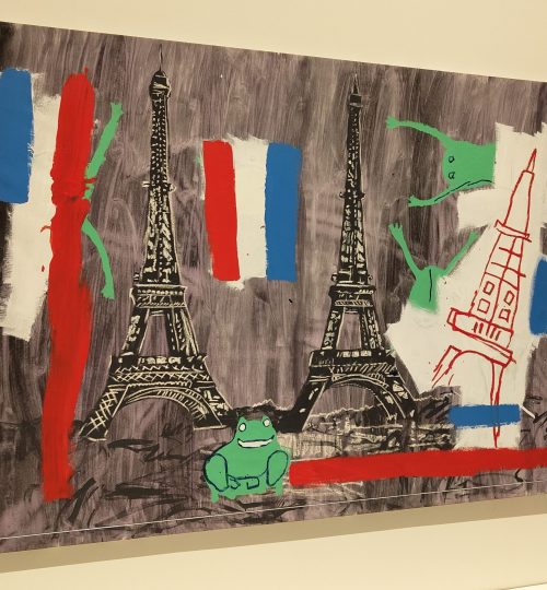 Aktuell fand eine Ausstellung zur Freundschaft von Andy Warhol und Jean-Michel Basquiat statt. Dieses Gemälde fand ich besonders lustig, da es nach einem Parisbesuch der zwei Künstler entstand. Die neutralen Bestandteile sind von Warhol und die kindlichen von Basquiat - diese klare Möglichkeit der Abgrenzung fand ich interessant.